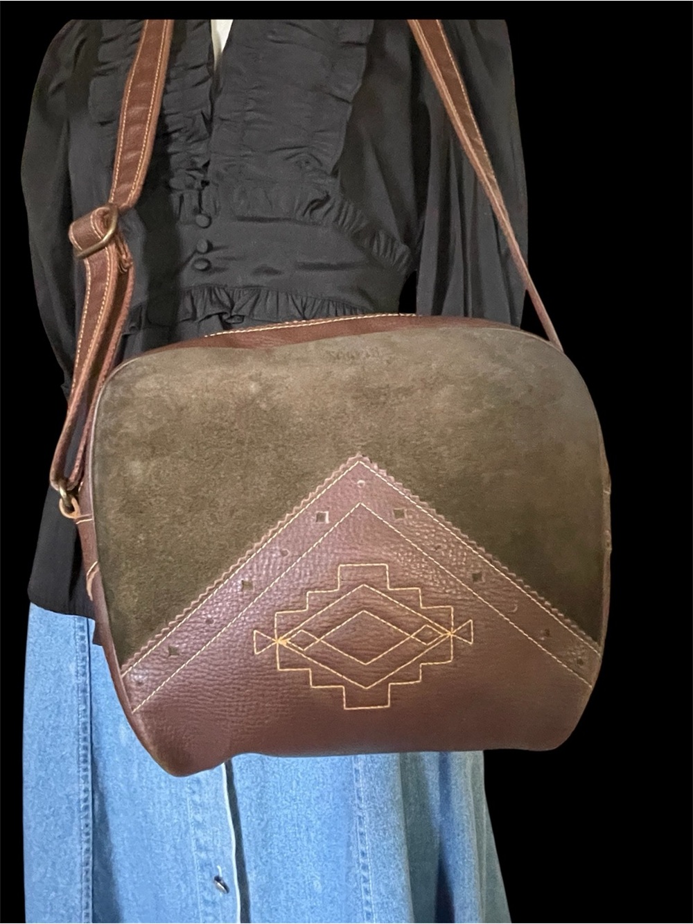 Soco made in France Brown Suede & Leather Crossbody Bag with Geometric Stitching